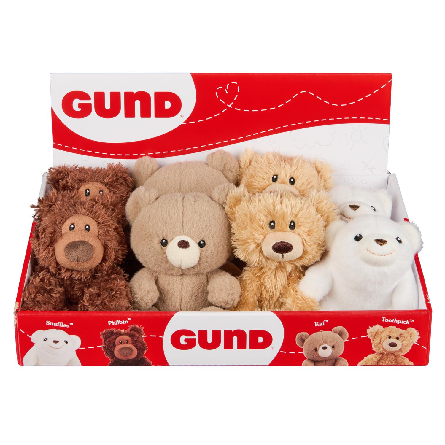 A box containing plush teddy bears of various colors and textures.