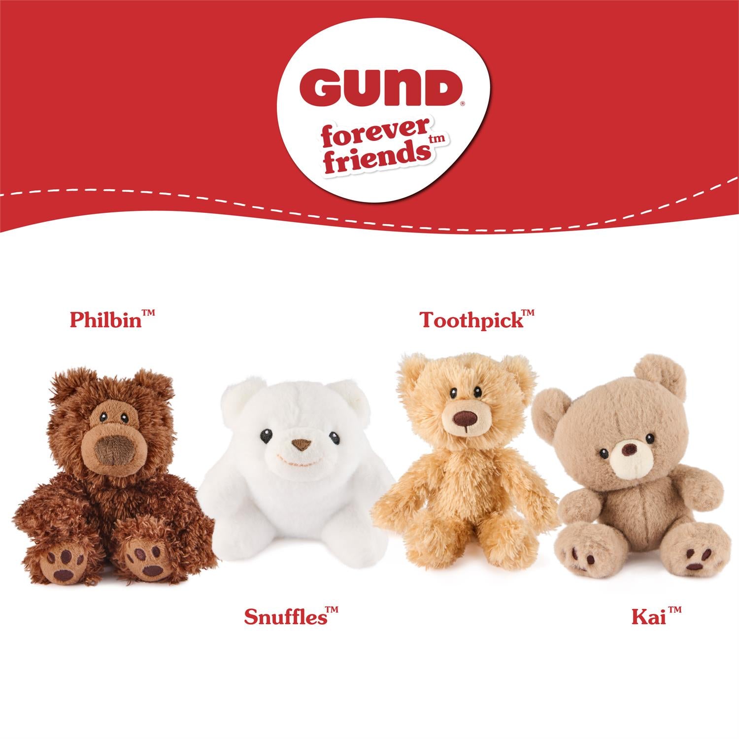 Four Gund teddy bears in brown, white, and tan.