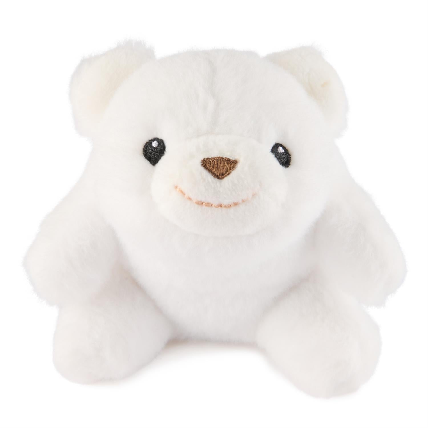 White plush teddy bear with brown nose.