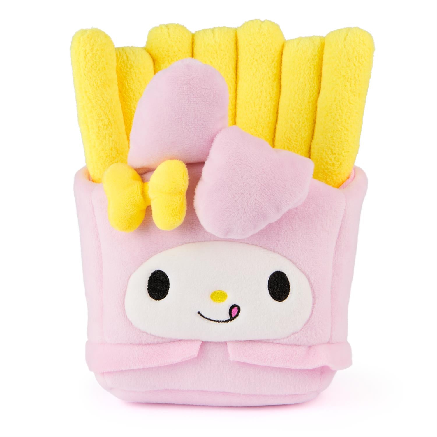 Plush toy resembling french fries in a pink My Melody-themed container.