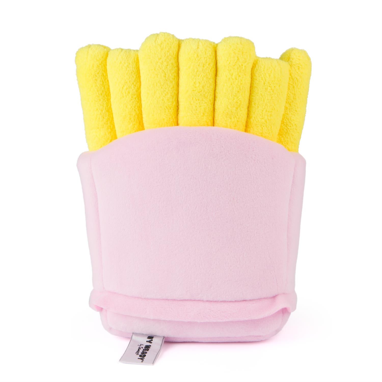 Plush toy of french fries in a pink container.