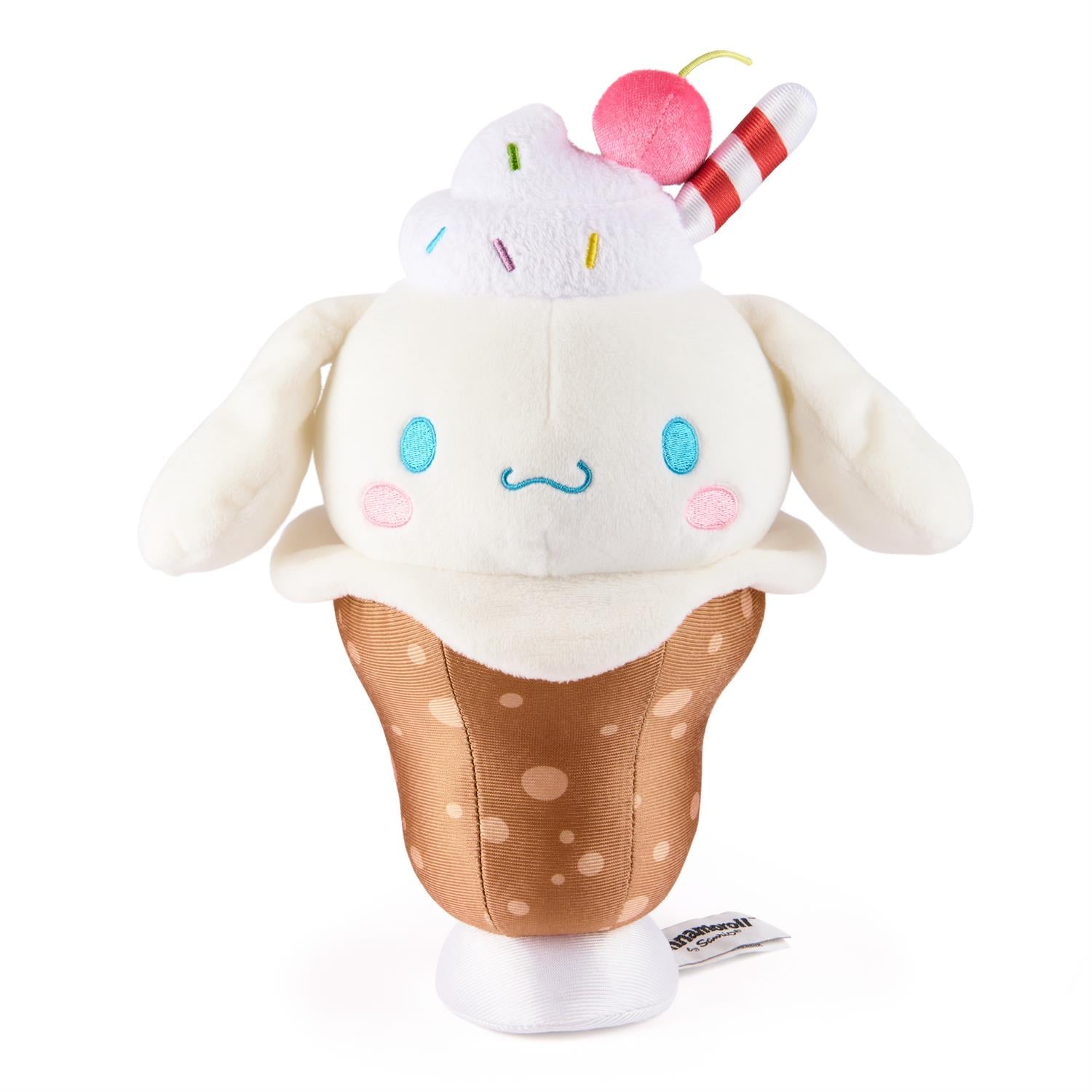 Plush toy of a white character in an ice cream sundae cup.