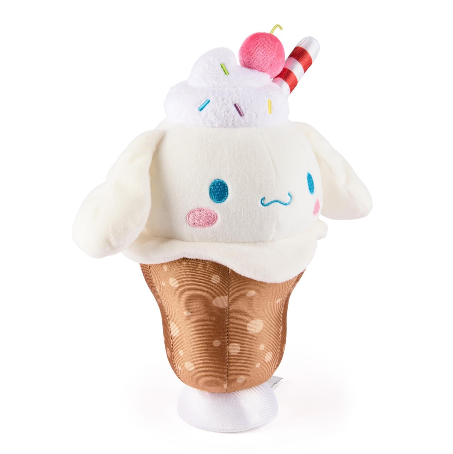 Plush toy of Cinnamoroll as a sundae with brown polka-dot base.