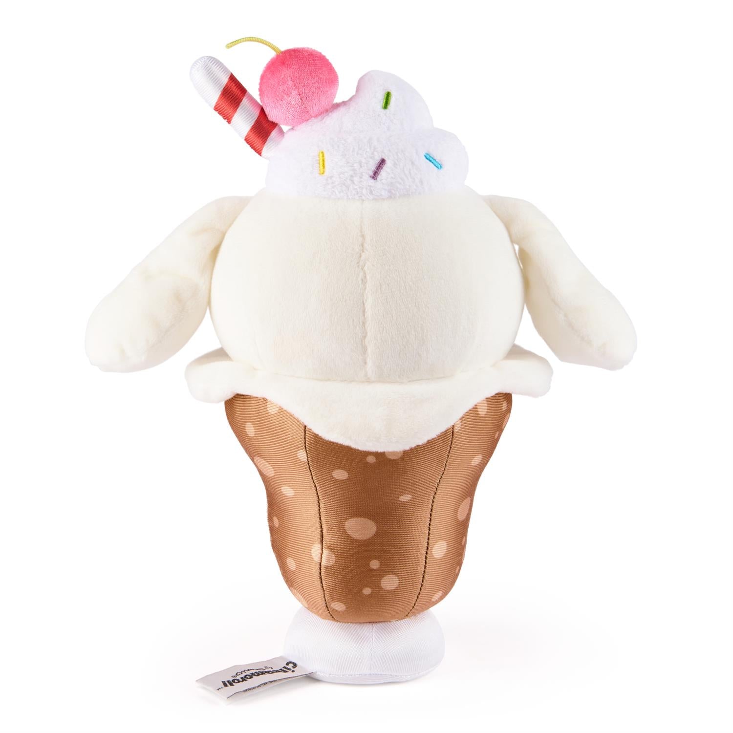 Plush toy of an ice cream sundae with sprinkles.