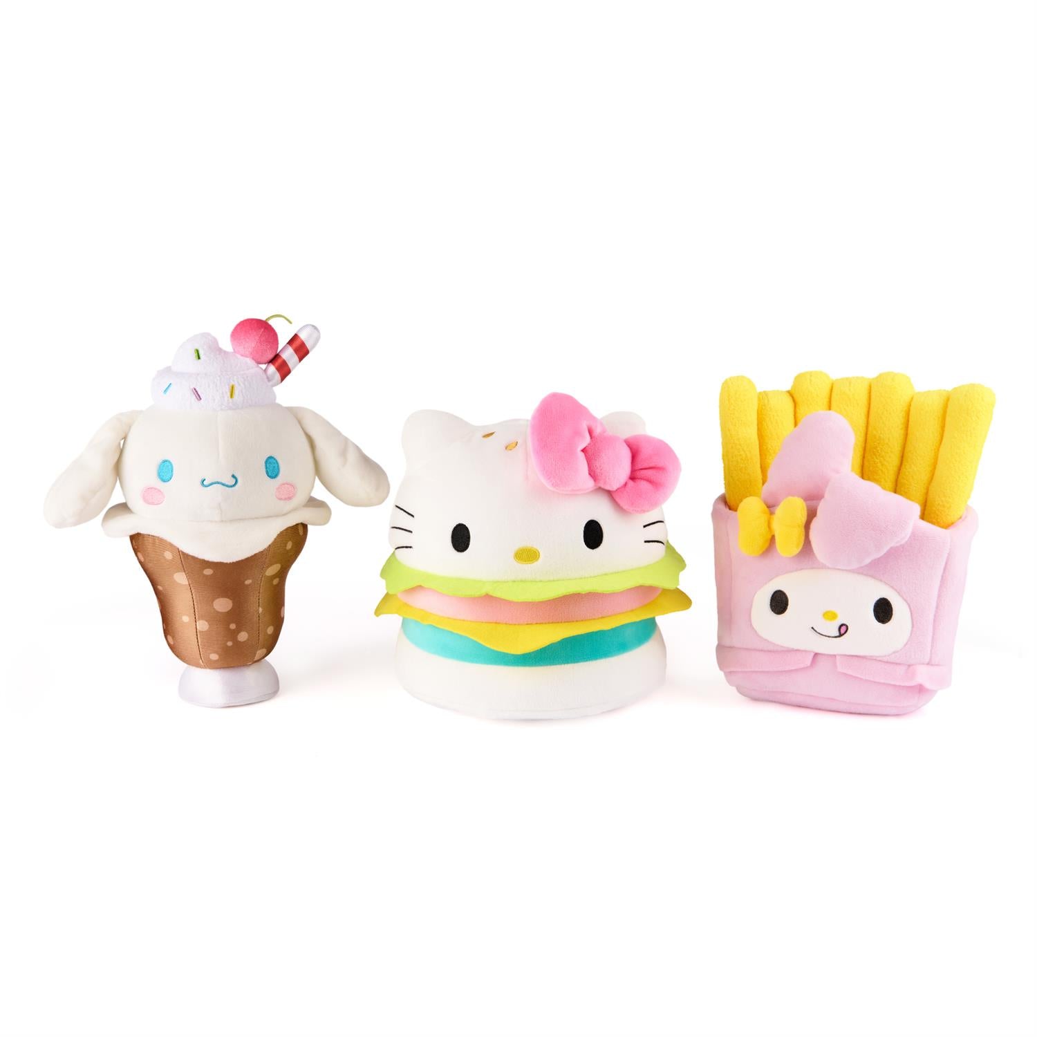 Three plush toys: an ice cream sundae, a hamburger, and a box of French fries.
