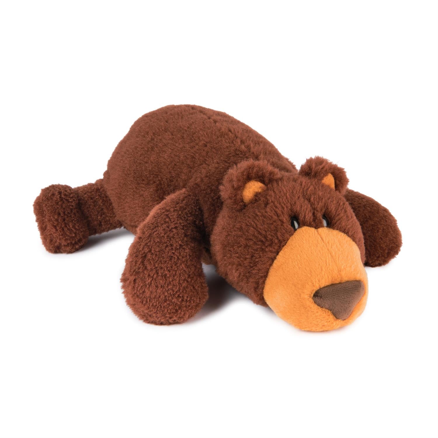 Brown plush bear lying down.
