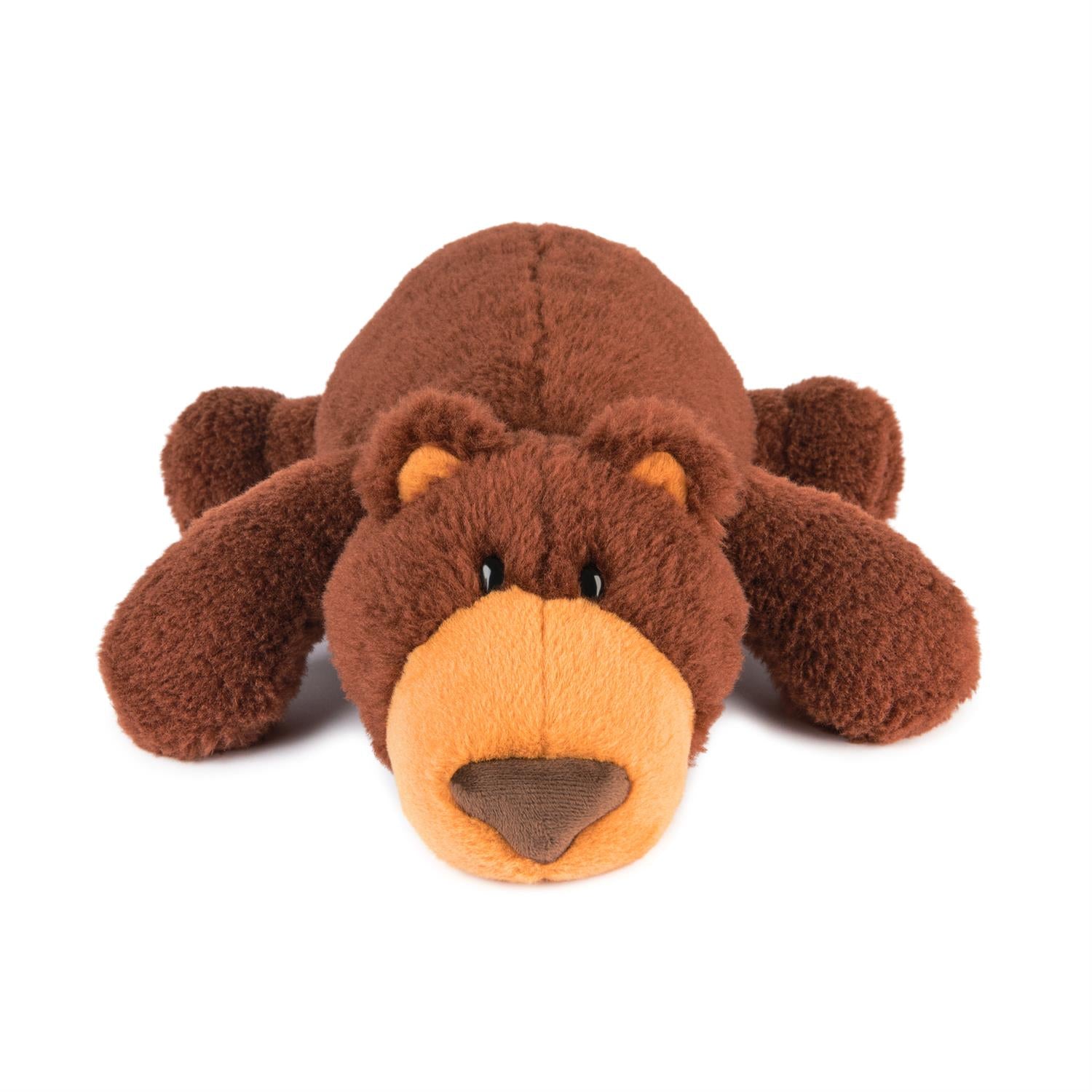 Brown plush bear lying flat.