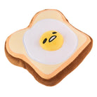 A plush toy shaped like a slice of toast with a fried egg on top.