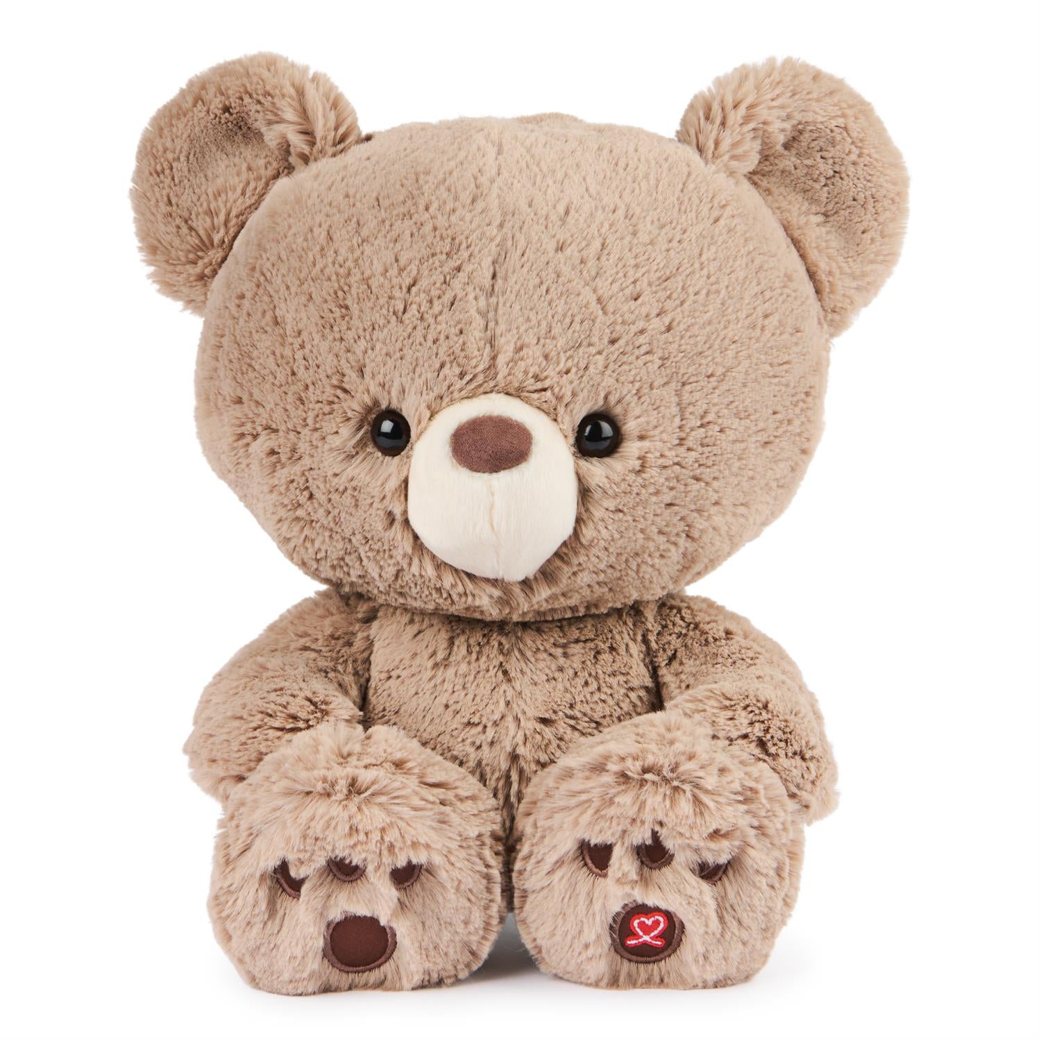 Brown plush teddy bear sitting.