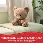 Brown plush teddy bear with a white muzzle and paw pads sitting on a green blanket.