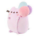 Light-purple plush cat with three colorful balloons.