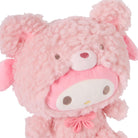 Pink plush My Melody toy with furry ears and a bow.