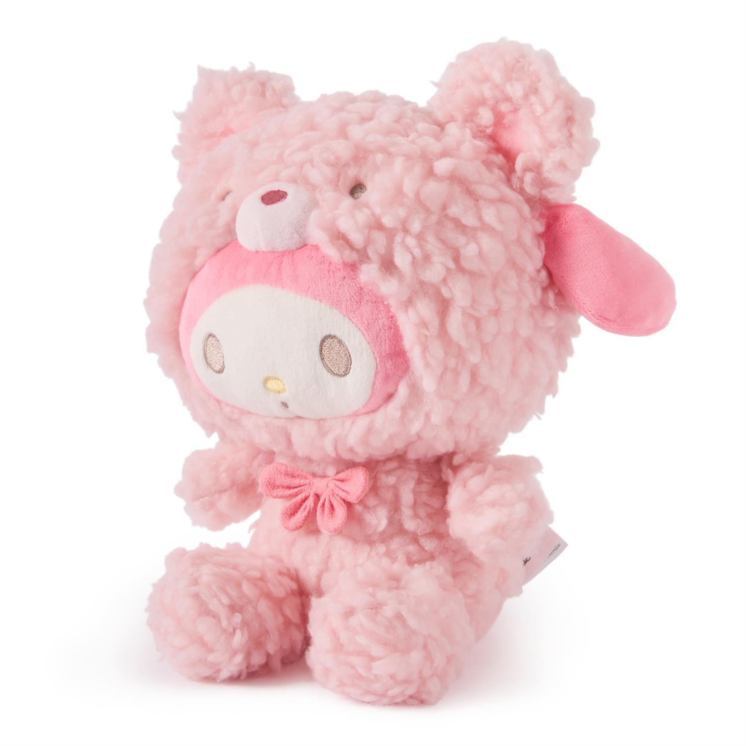 A pink teddy bear in a My Melody costume.