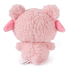 Back view of a pink, fluffy, teddy bear plush toy.