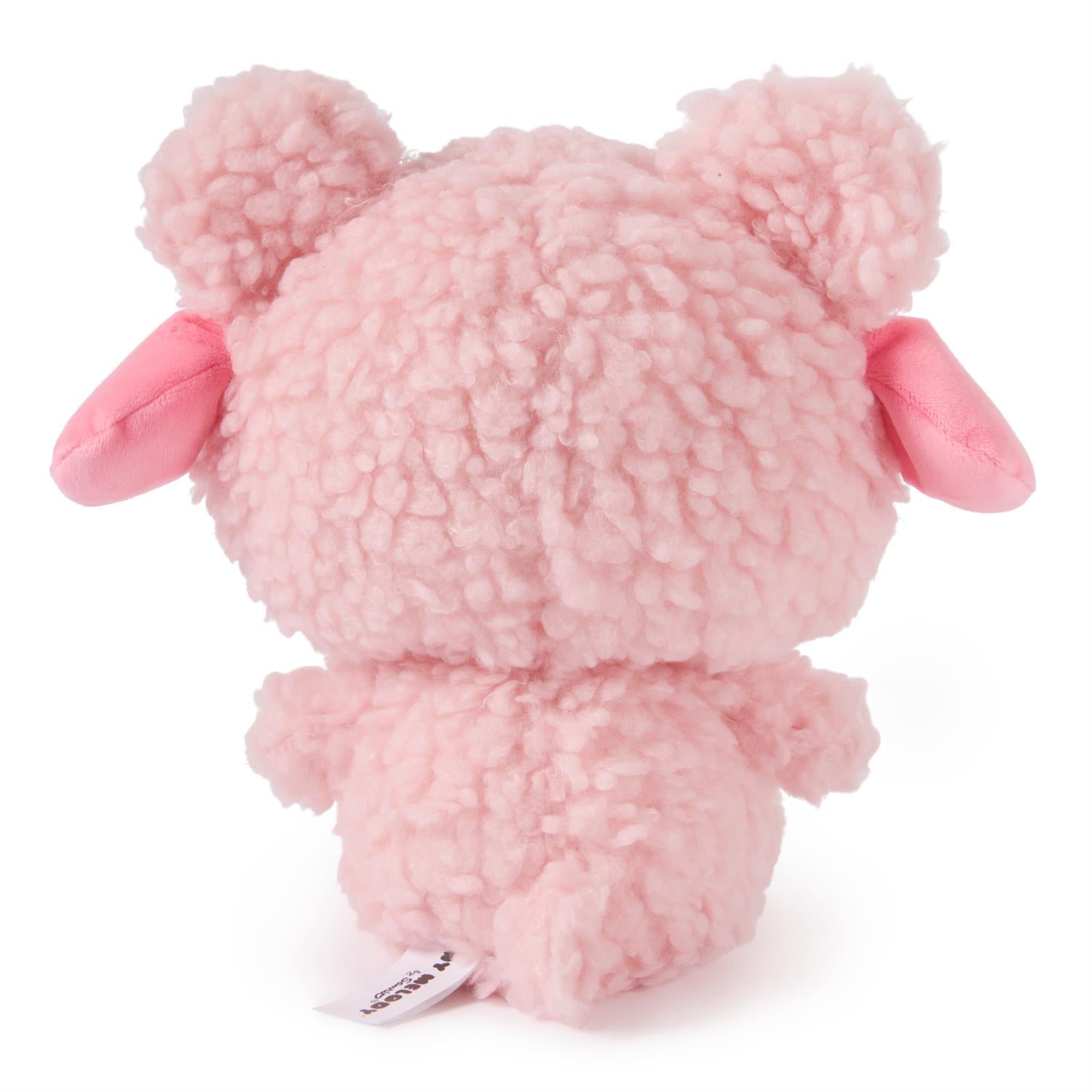 Back view of a pink, fluffy, teddy bear plush toy.