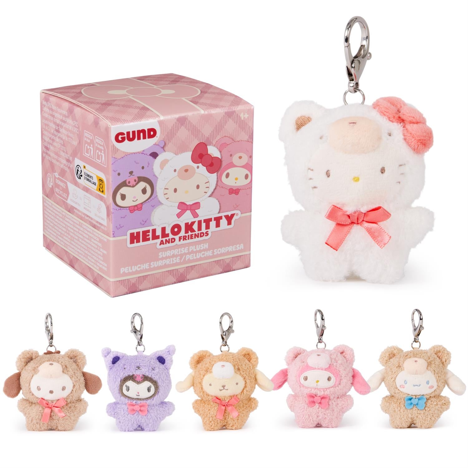 Gund Hello Kitty and Friends surprise plush box set. Plush keychains of Hello Kitty, My Melody, and other characters in various costumes.
