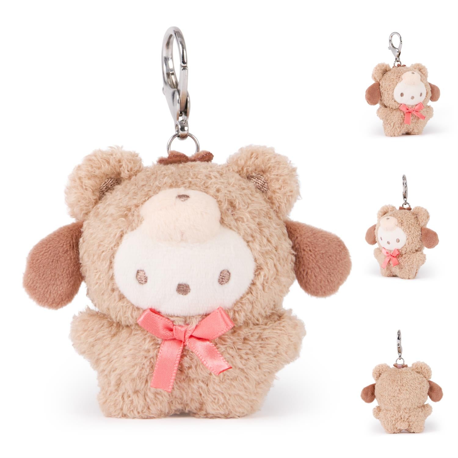 Stuffed toy keychain, tan fur, pink ribbon.