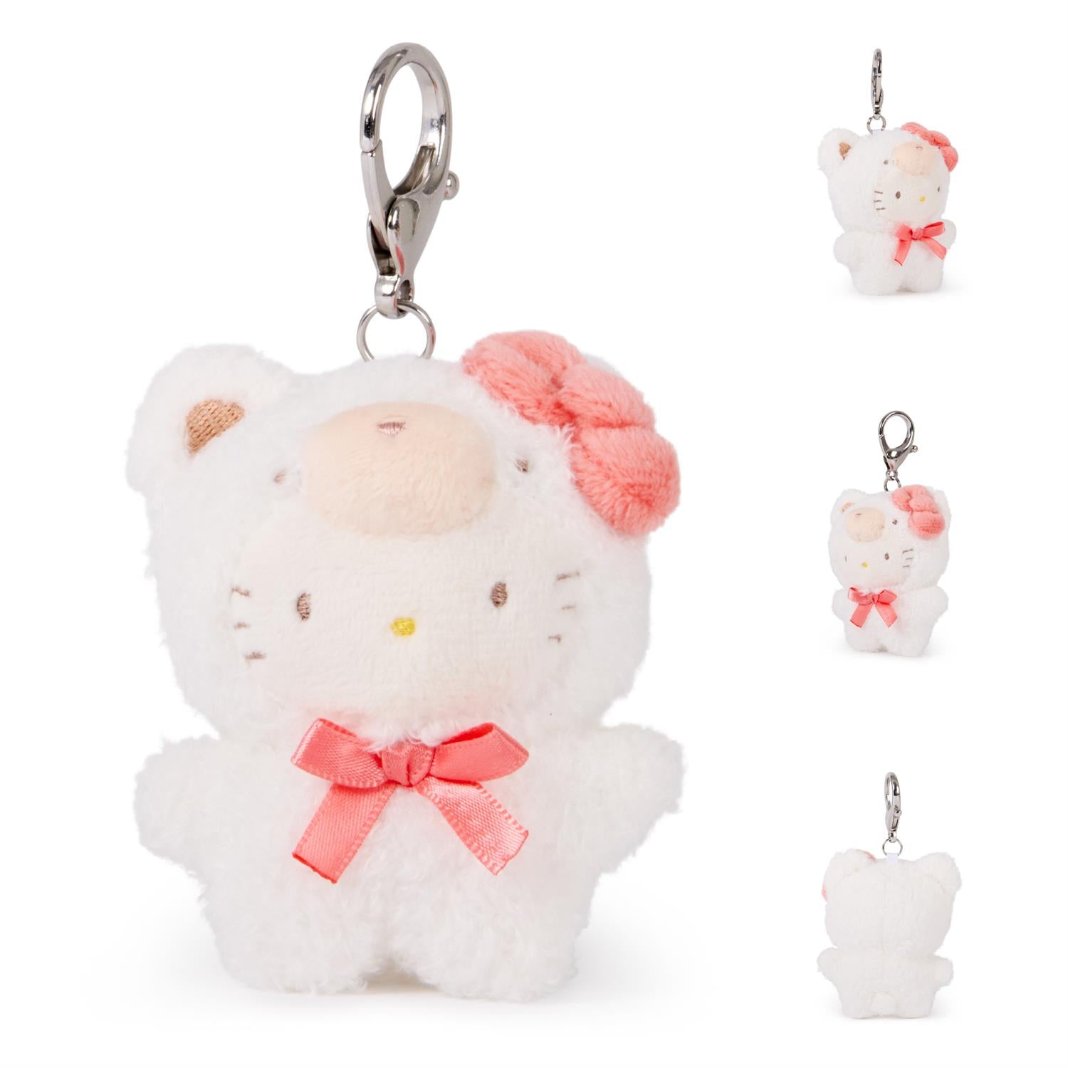 White Hello Kitty plush keychain with a pink bow.