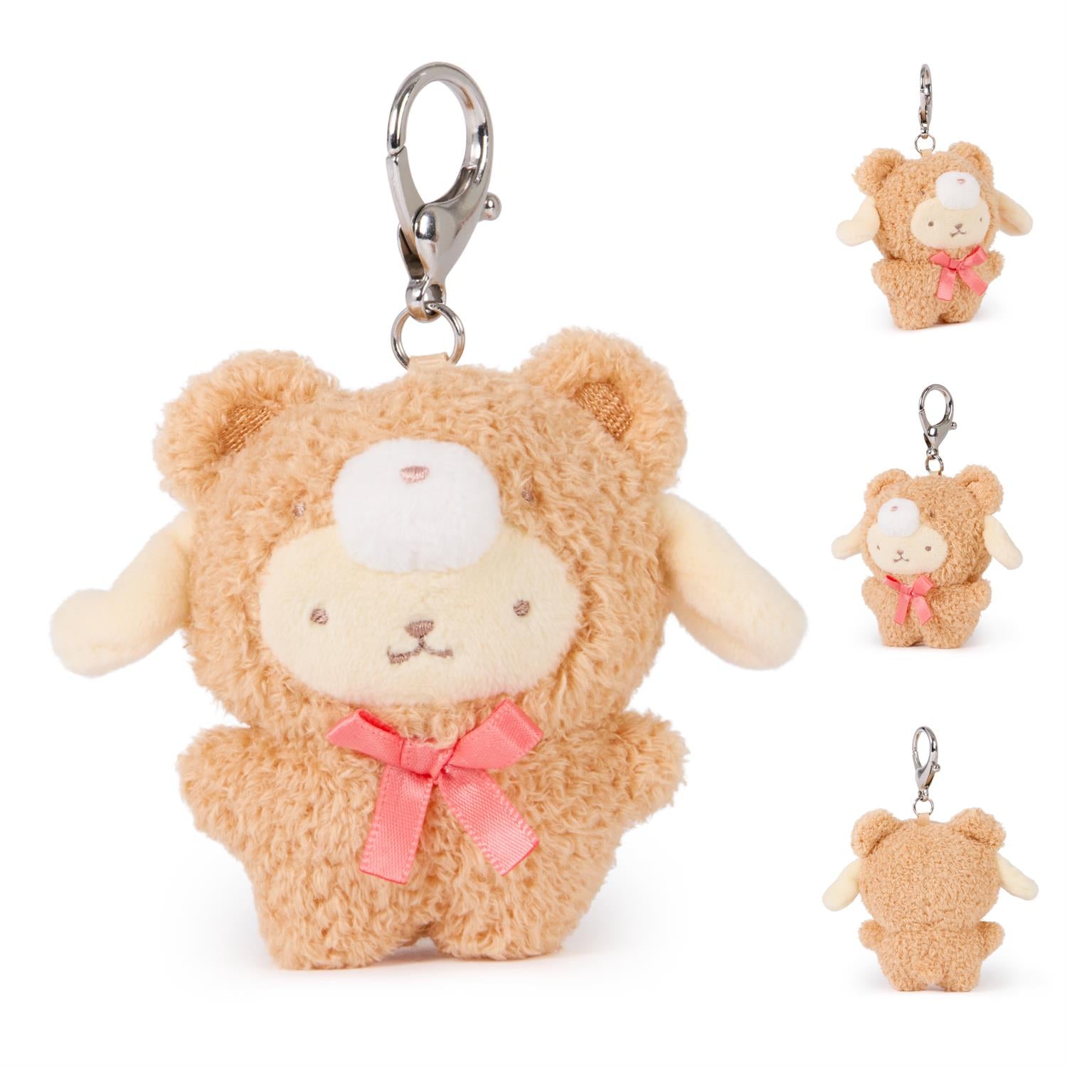 Tan plush keychain with a pink bow.