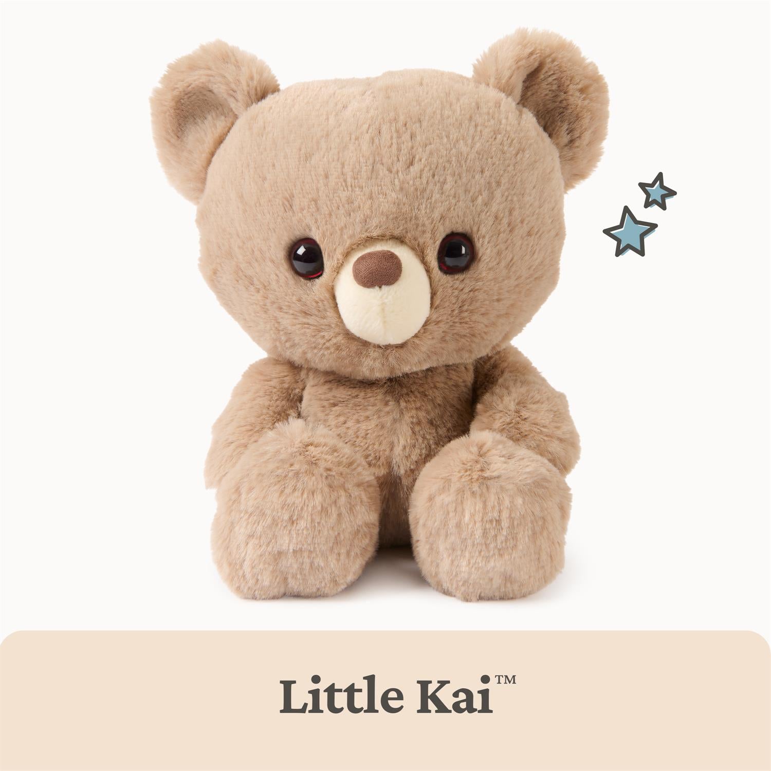 A tan plush teddy bear sits upright with blue star accents.