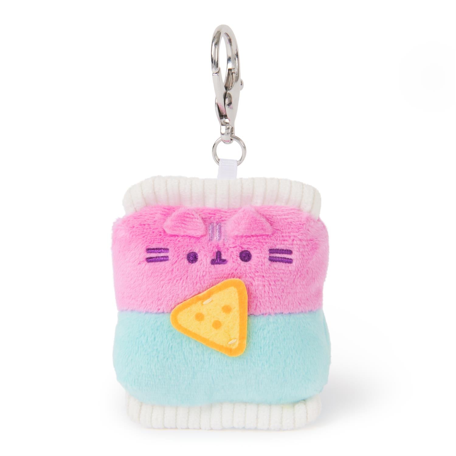 Plush pink and blue cat-shaped keychain with cheese slice detail.
