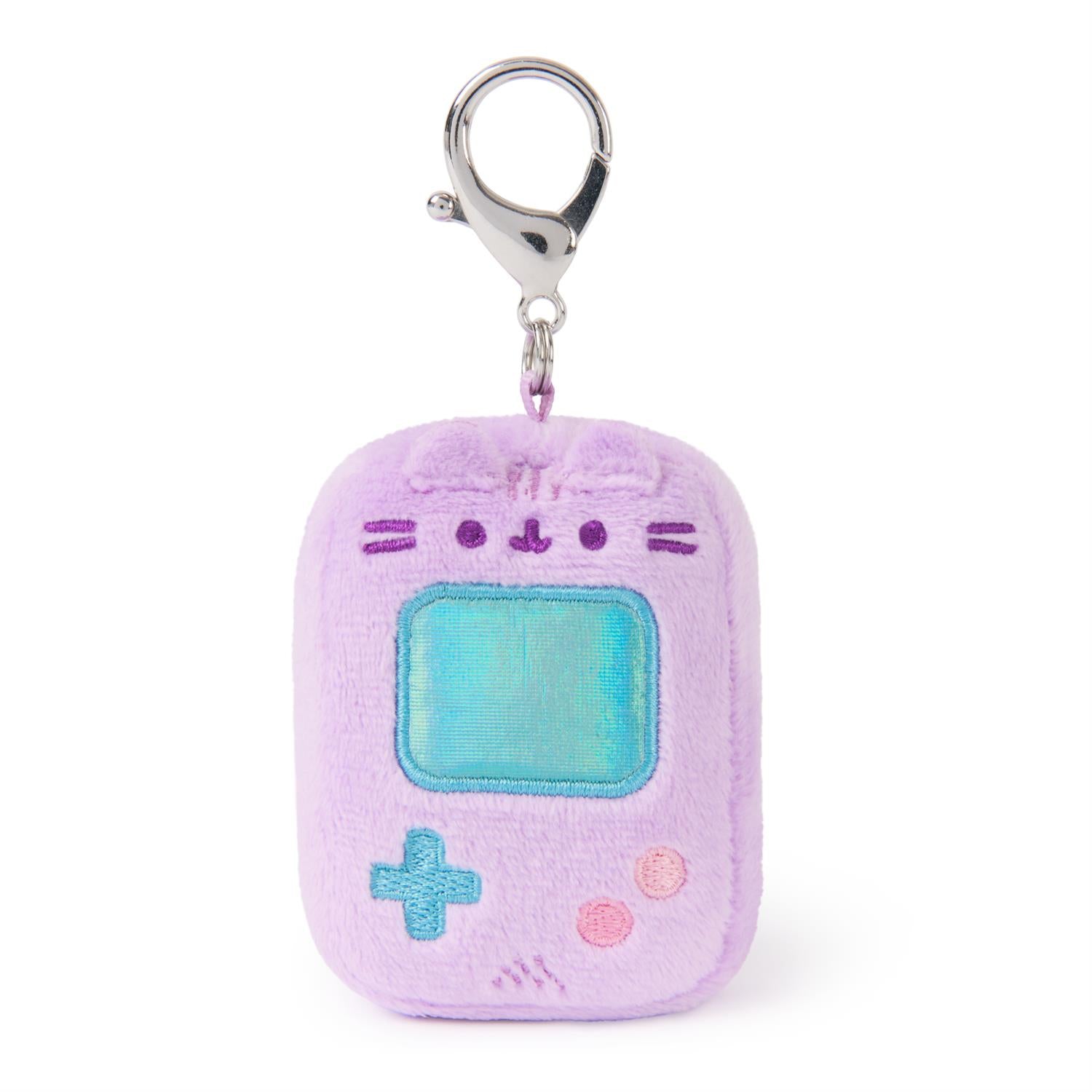 Purple plush Pusheen cat keychain in the shape of a handheld video game.