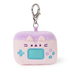 Pink and purple plush game controller keychain.