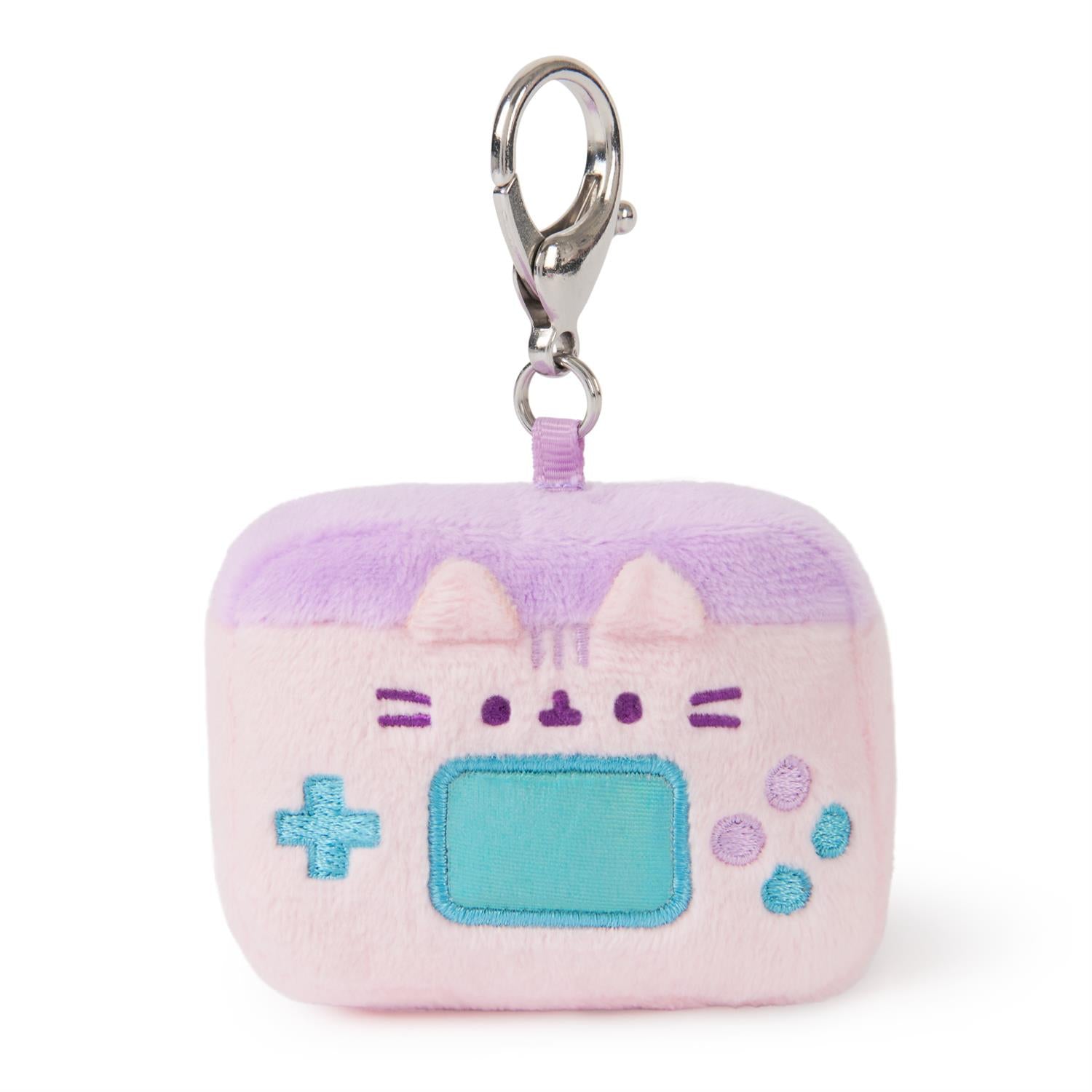 Pink and purple plush game controller keychain.