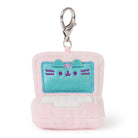 Pink laptop-shaped keychain with teal screen and cat face.