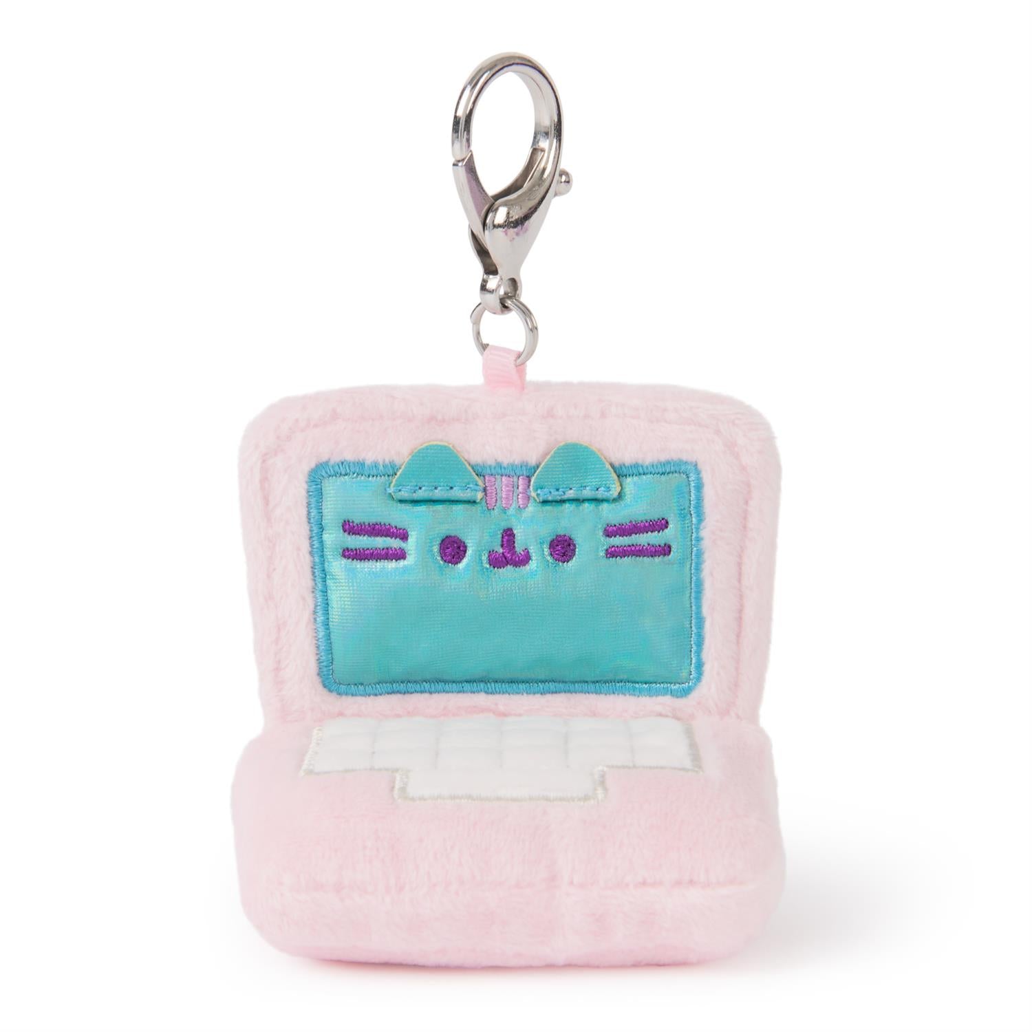 Pink laptop-shaped keychain with teal screen and cat face.