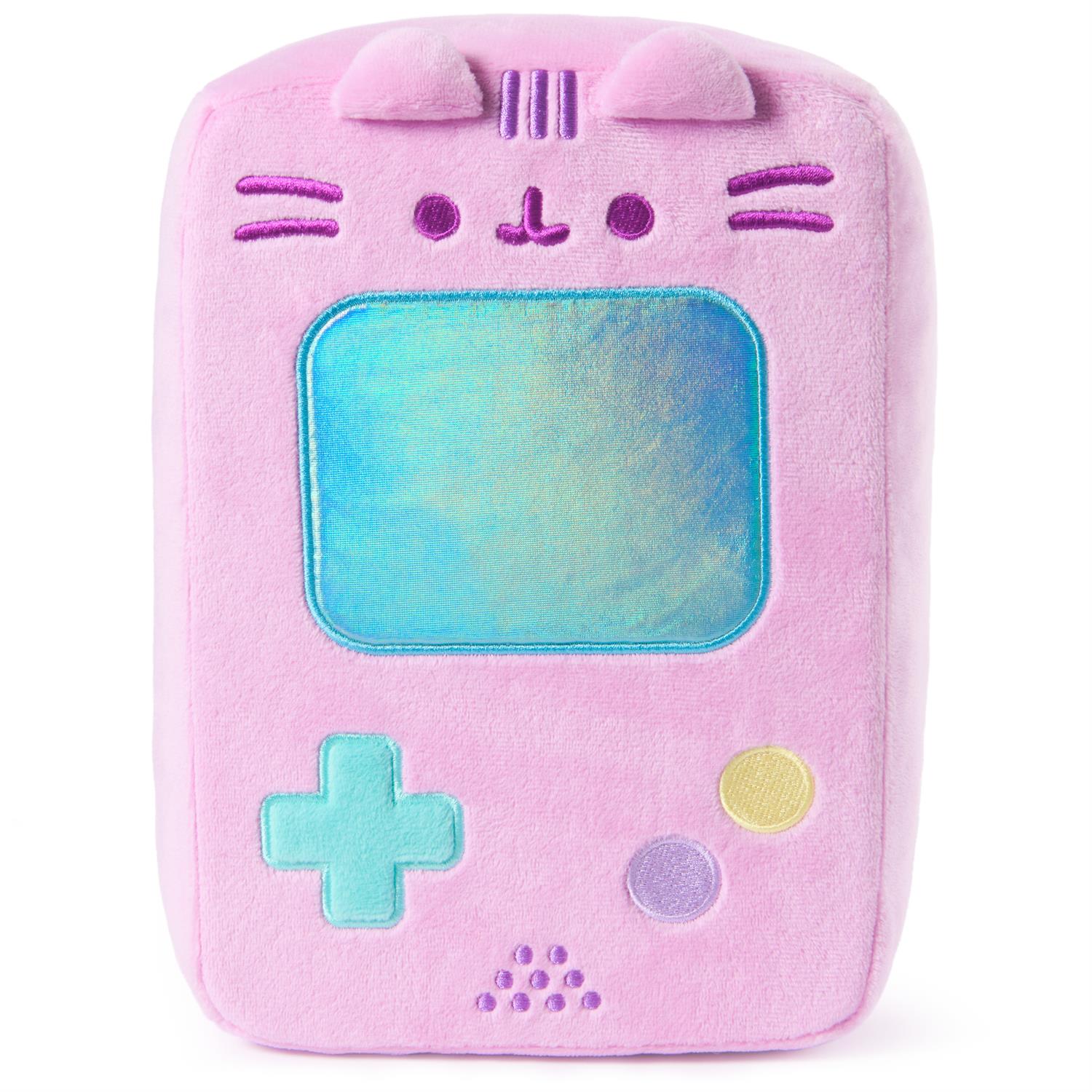 Pink plush pillow shaped like a handheld video game console. The design includes cat ears and facial features.