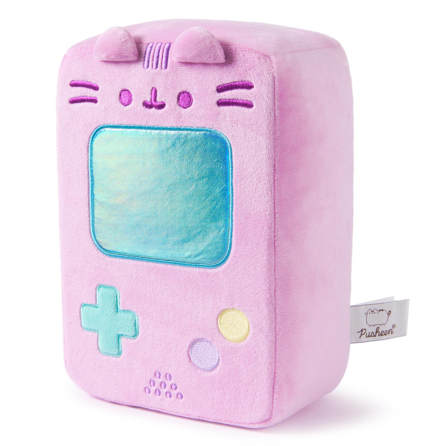 Pink plush game console toy with Pusheen tag.