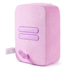 Pink cube plush toy with purple accents.
