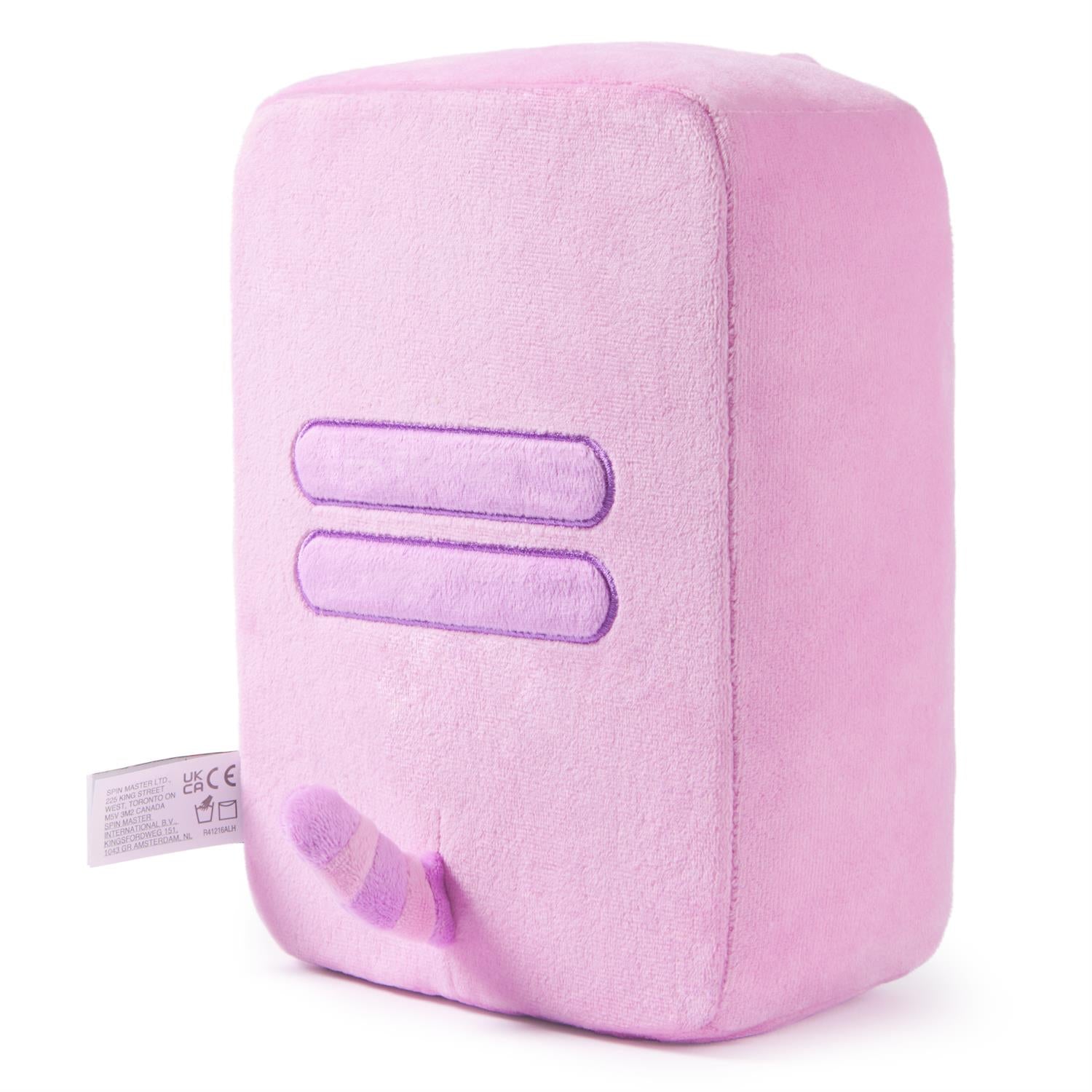 Pink cube plush toy with purple accents.