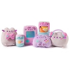 A collection of six Pusheen plush toys, each themed around video games and snacks.