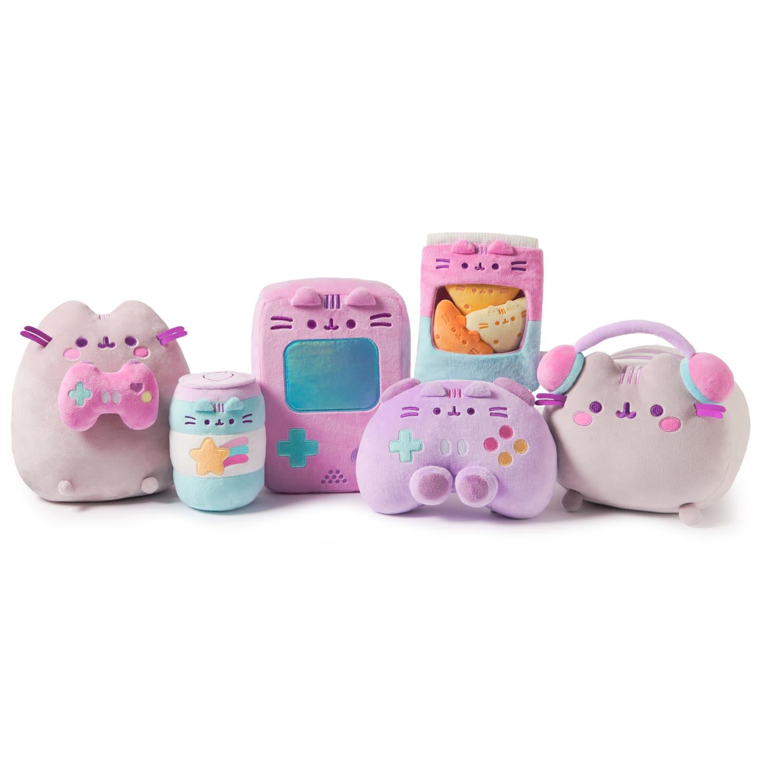 A collection of six Pusheen plush toys, each themed around video games and snacks.
