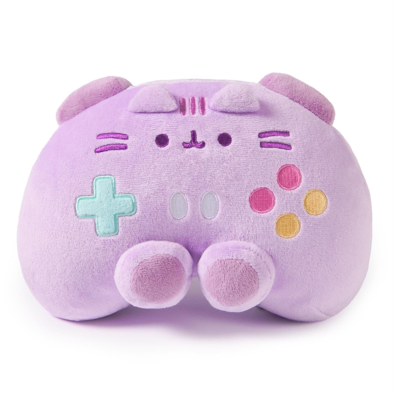 Purple plush cat-shaped video game controller.