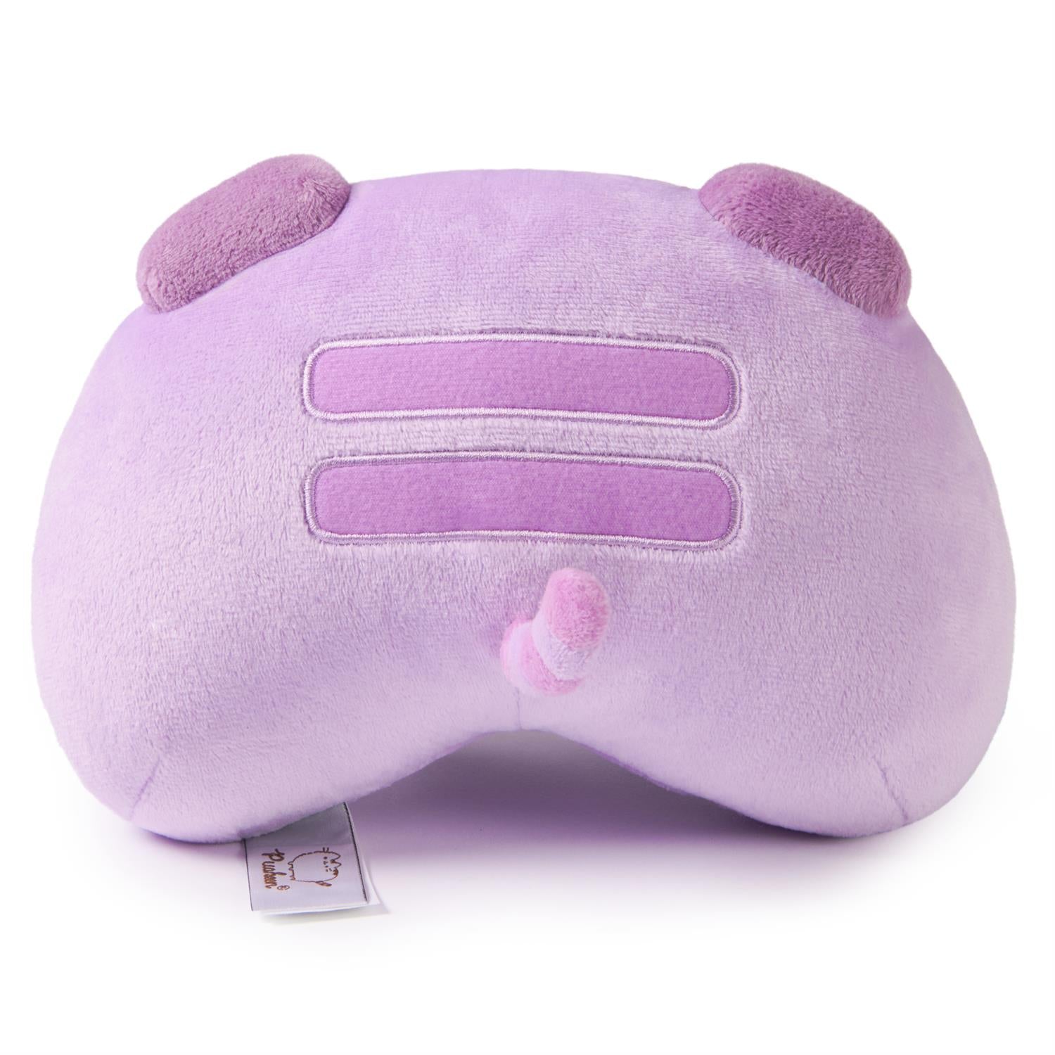 Lavender, plush, cartoon animal pillow with ears and tail.