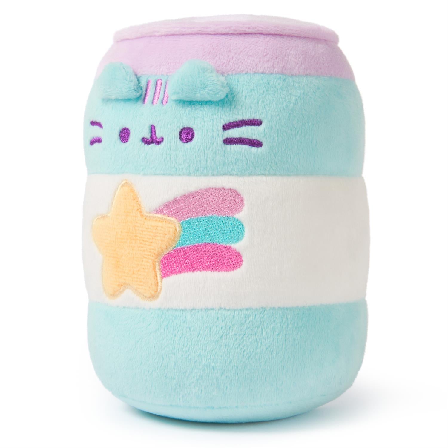 Cat-shaped pastel-colored plush toy resembling a soda can with a shooting star on the front.