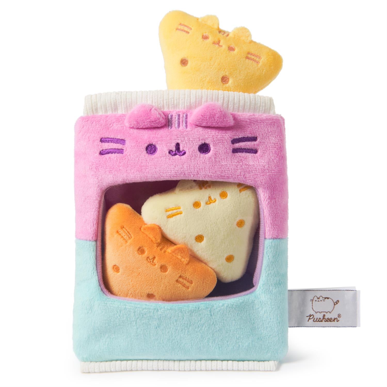 Pusheen toy with plush cheese slices.