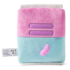 Pink and blue plush toy with purple accents.
