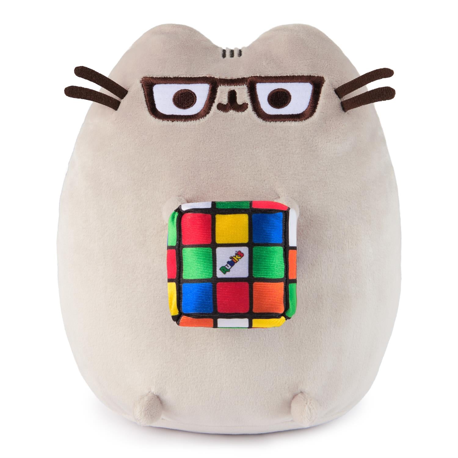 Pusheen plush toy with glasses and Rubik's cube.