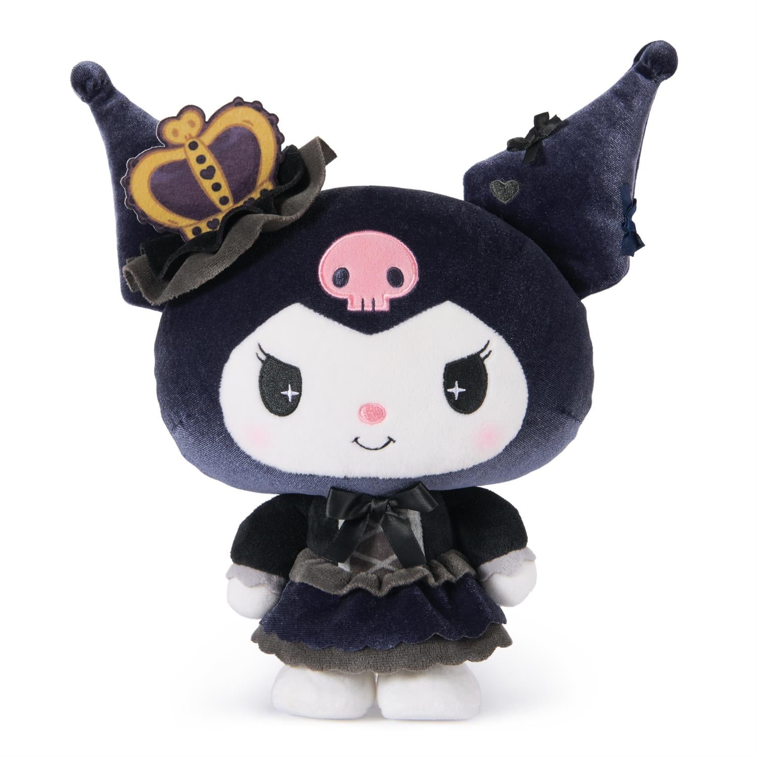 Stuffed Kuromi in a dark dress with a crown.