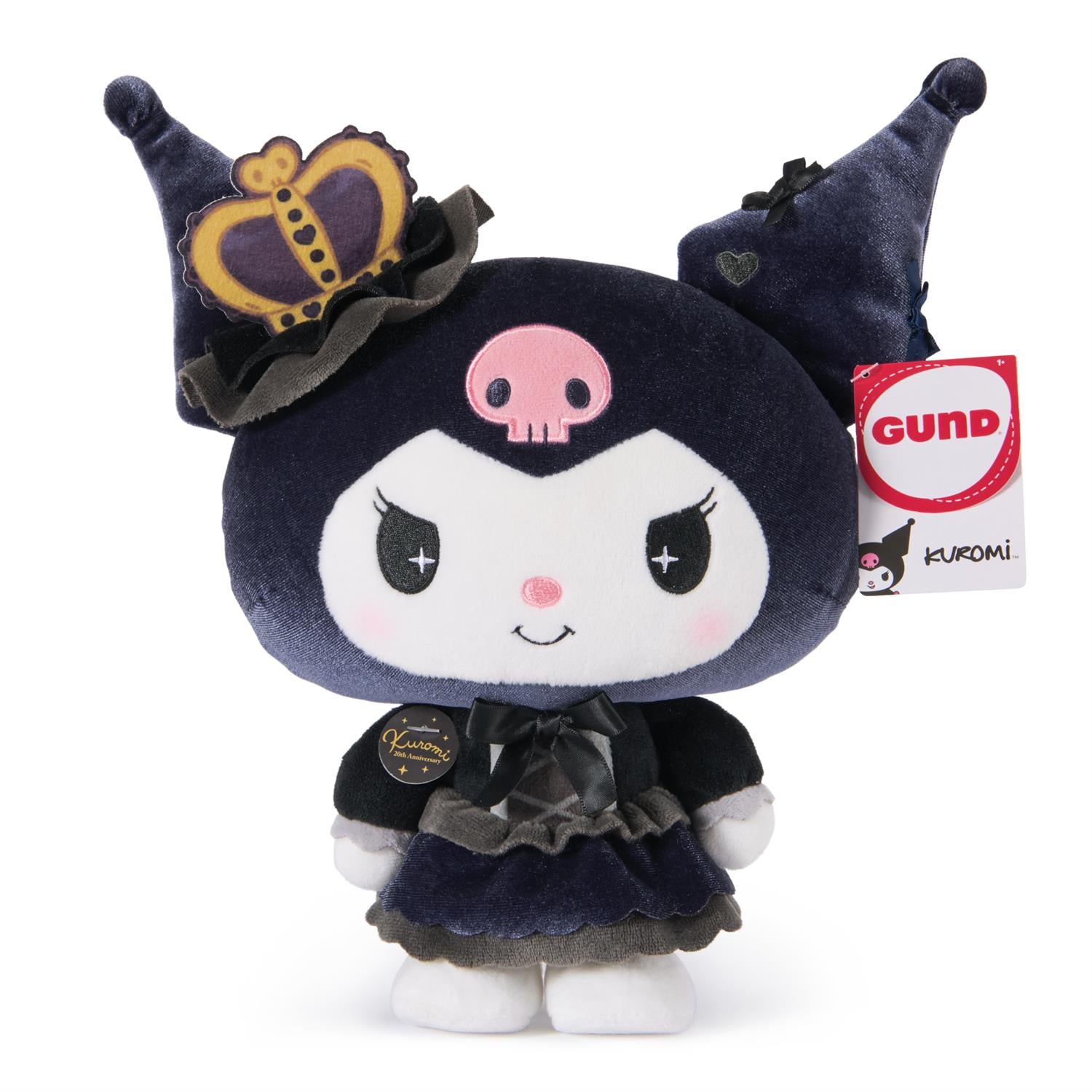 A plush Kuromi doll with a black crown and dress.