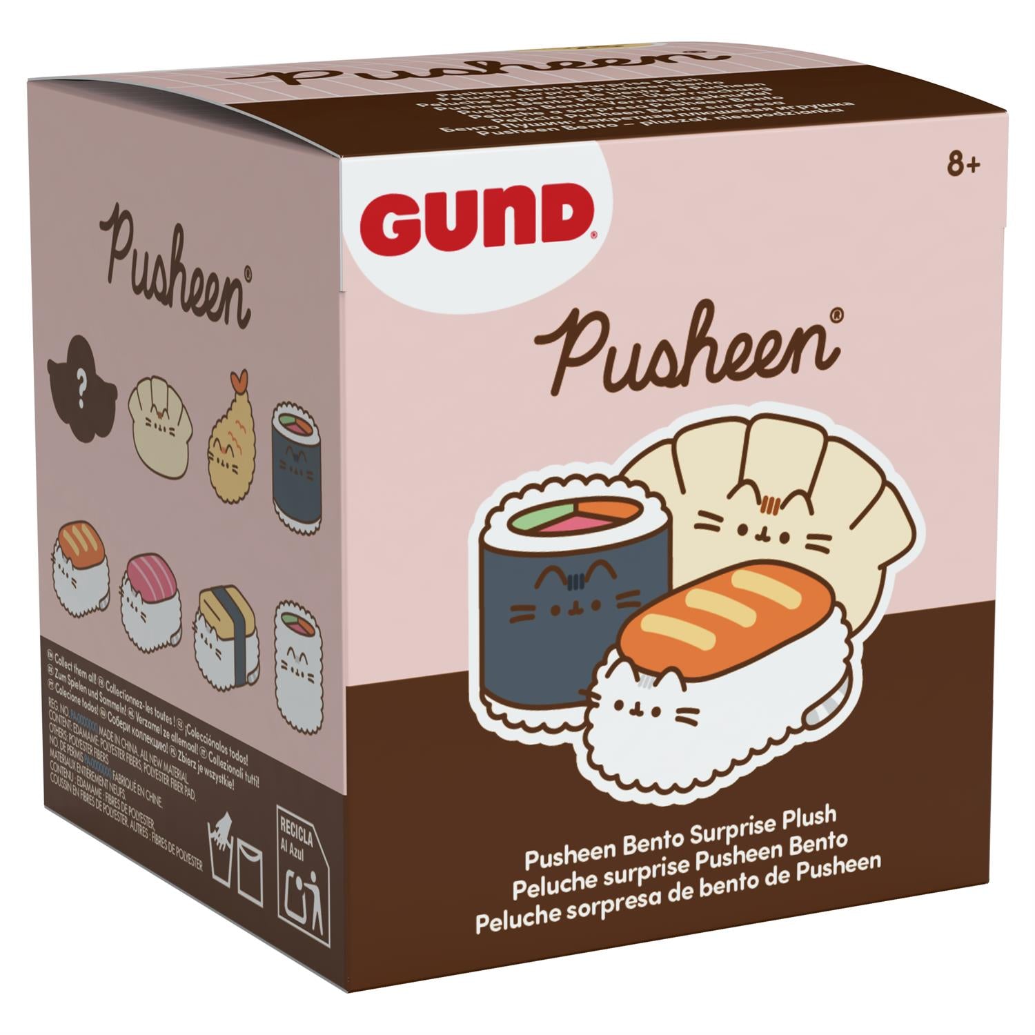 Gund Pusheen Bento Surprise Plush packaging with cartoon sushi and cat illustrations.