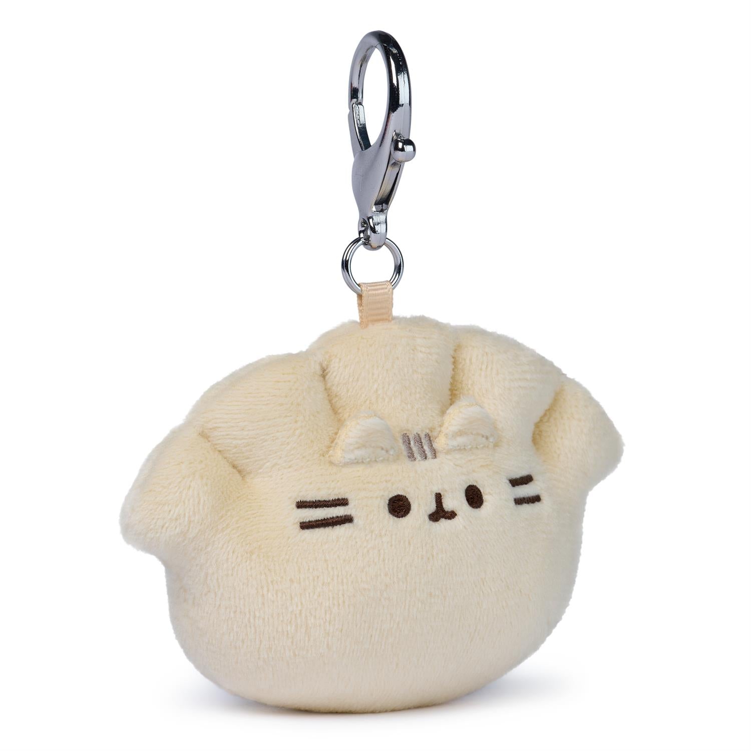 Plush keychain of a cream-colored cat with a silver clasp on a white background
