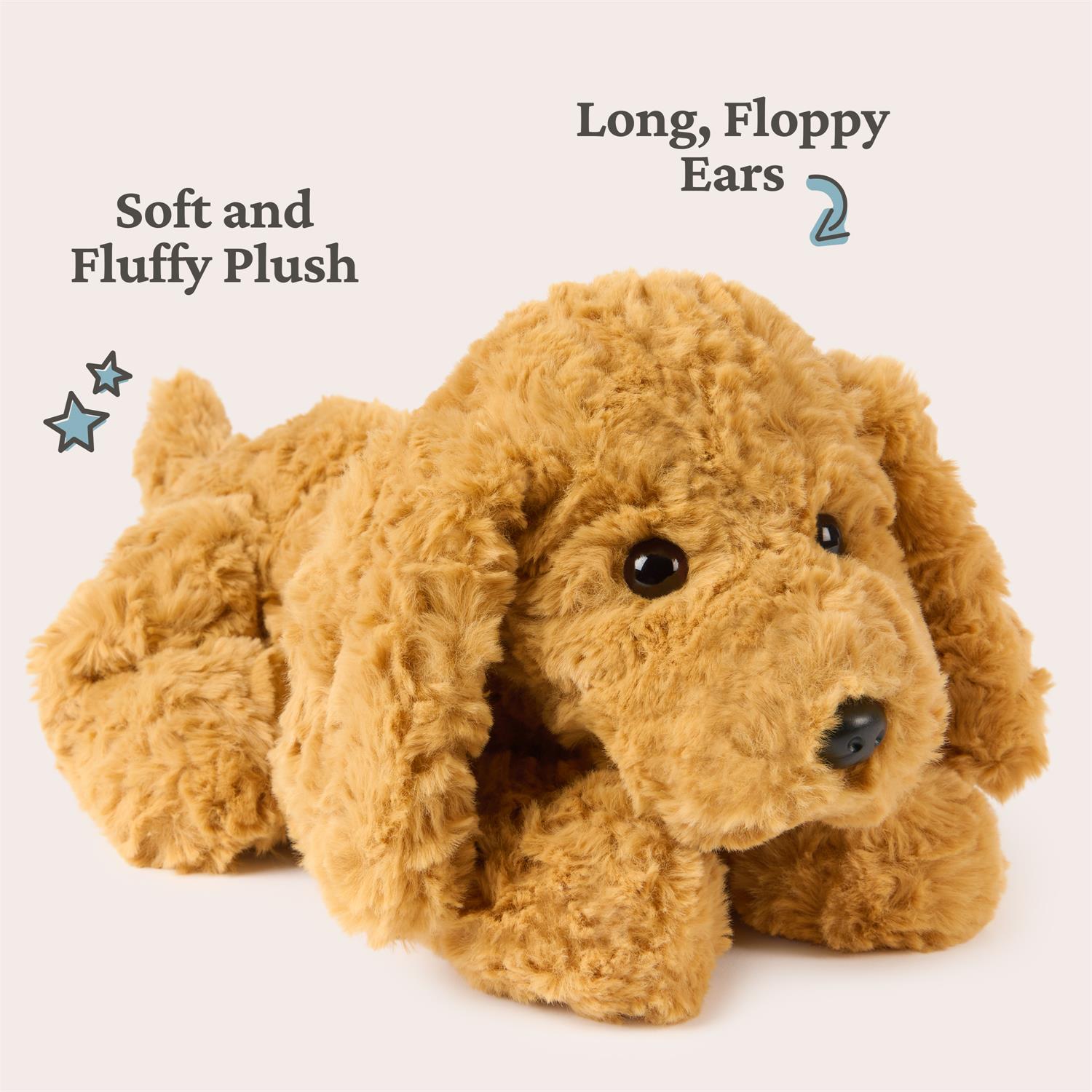Brown plush dog with long, floppy ears on a white background