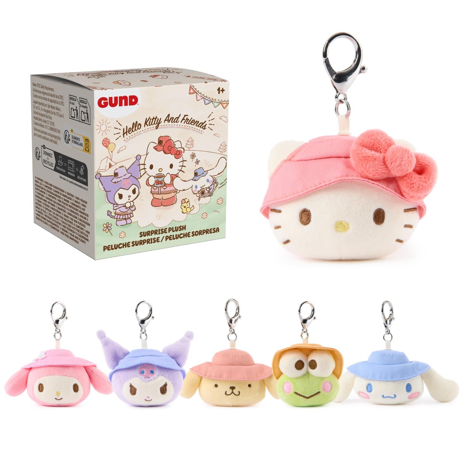 Plush keychains with a box labeled 'Gund Hello Kitty and Friends' on a white background