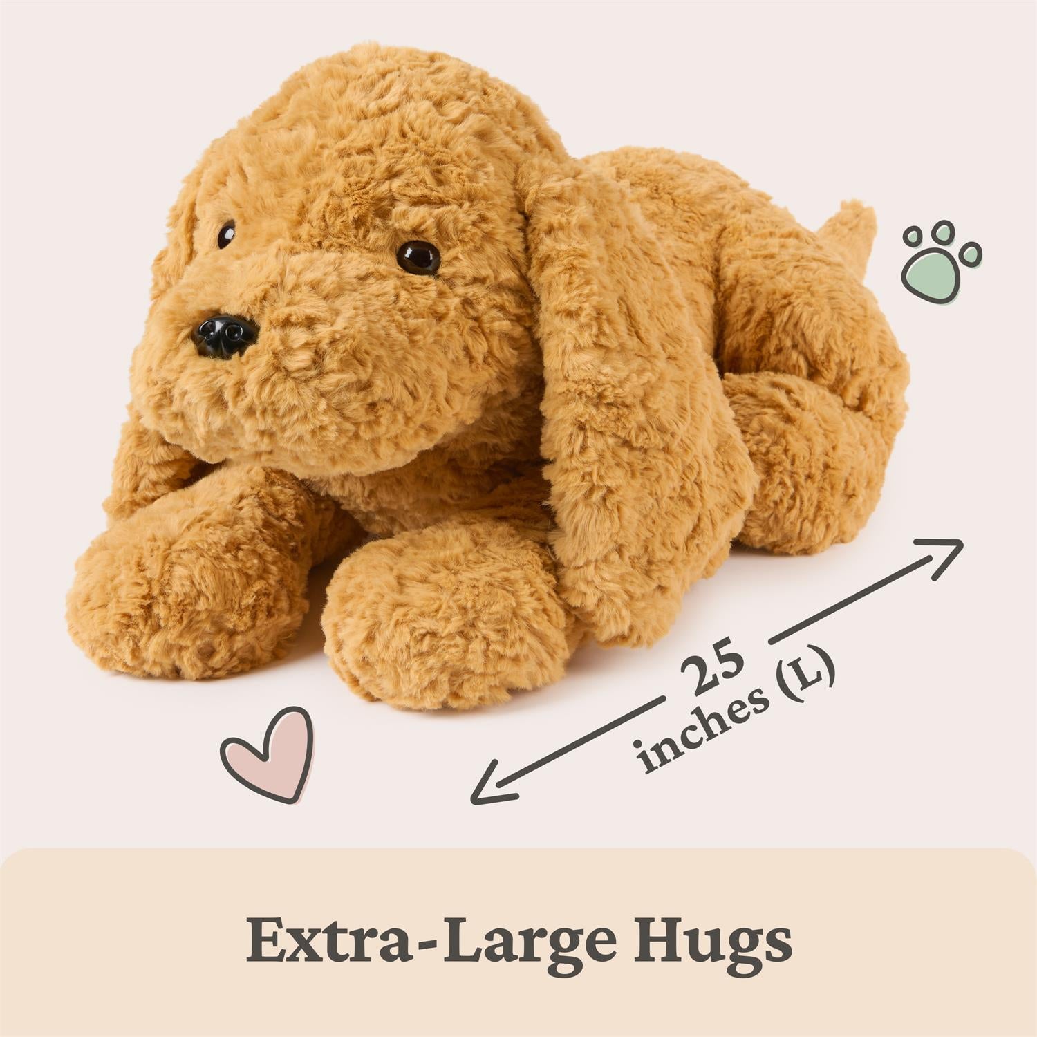 Brown plush dog toy with dimensions and 'Extra-Large Hugs' text on a beige background
