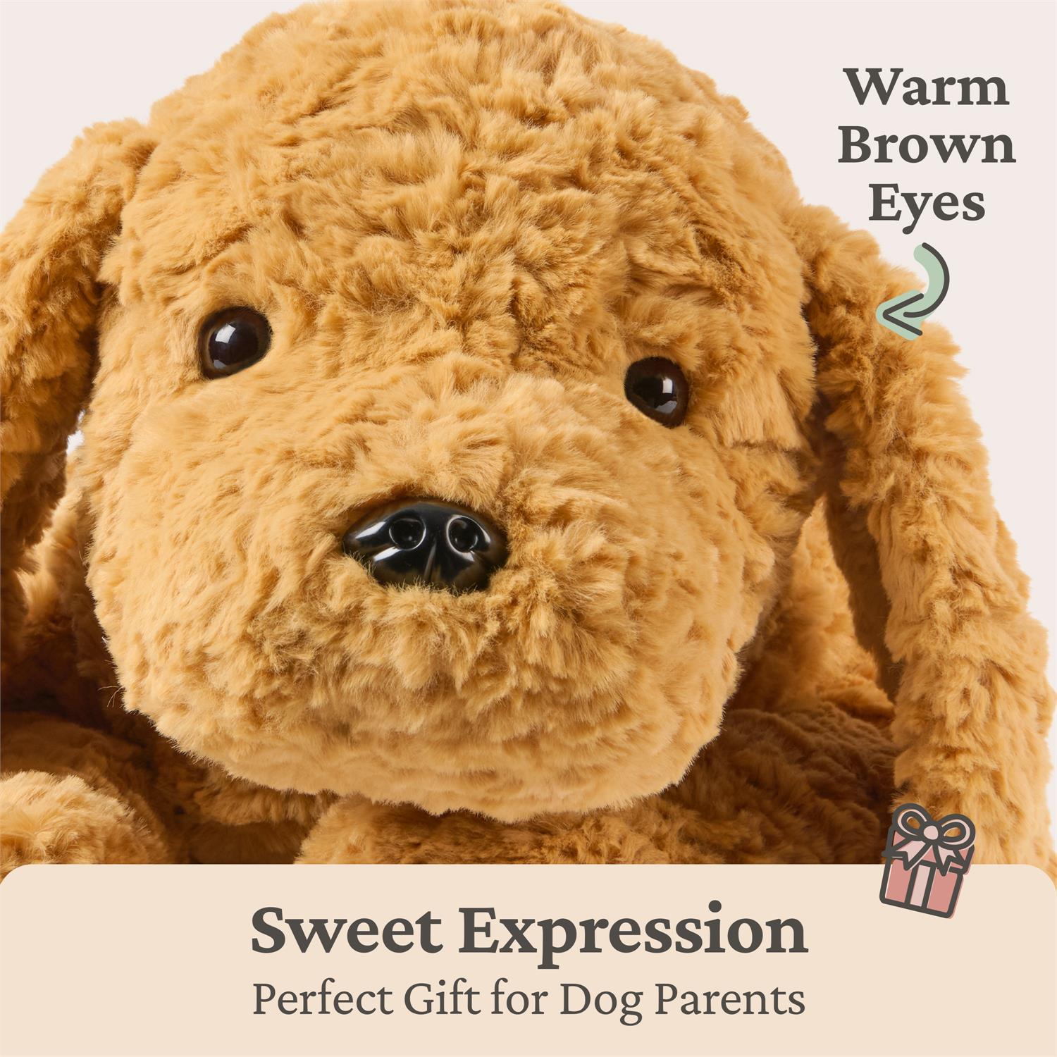 Brown plush dog toy with 'Warm Brown Eyes' text on a beige background